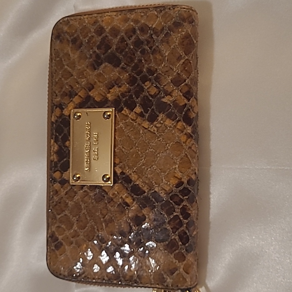 Michael Kors Tan and Brown Snake Print Wallet with Gold Hardware